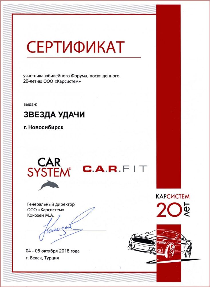 Сертификат дилера CARFIT